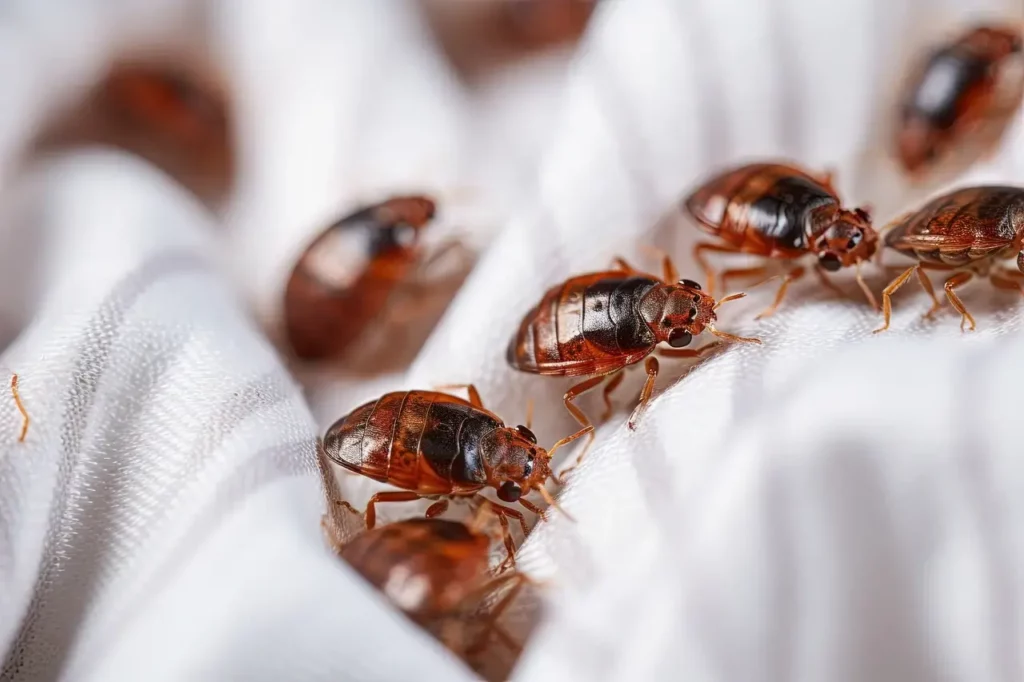 A close up photo of a small colony of bedbugs living on a white bed sheet.