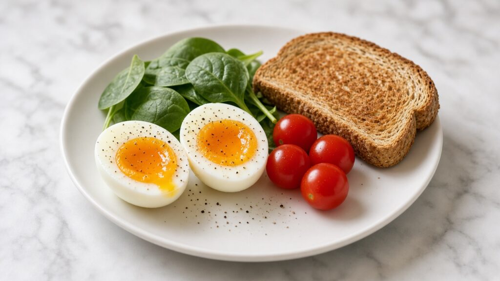Boiled eggs with spinach, tomatoes and toast