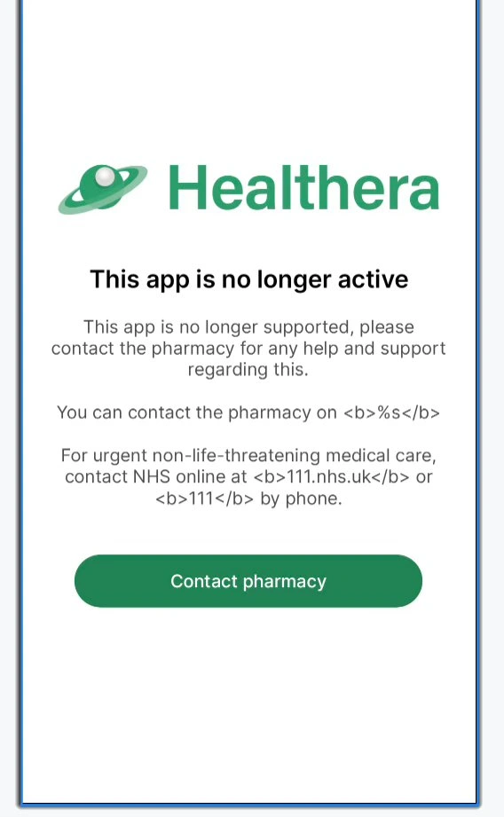 White-label app closure screen shown to patients