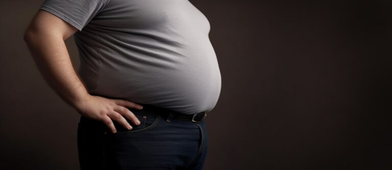 A side-on photo in a studio of an obese man's stomach, his t-shirt is stretched thin against him.