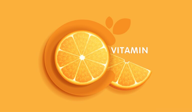 An illustration of vitamin C, with a slice of orange within the letter C.